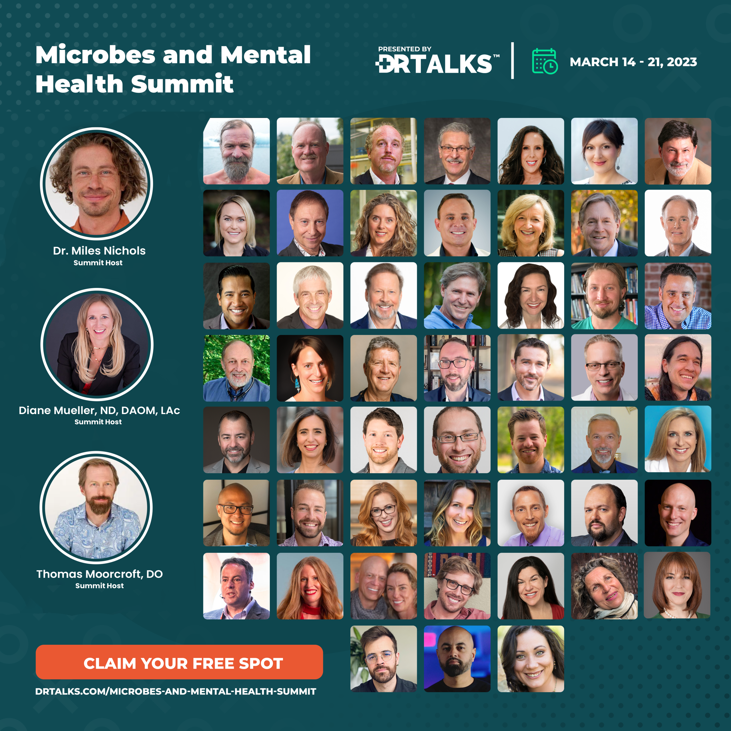 Poster for Microbes and Mental Health Summit. Presented by Dr. Talks March 14-21, 2023