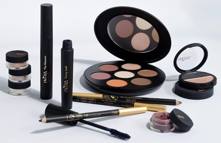 Inika Organic Make Up. Photo of blush, eyeshadow palette, mascara, highlighter, eyeliner